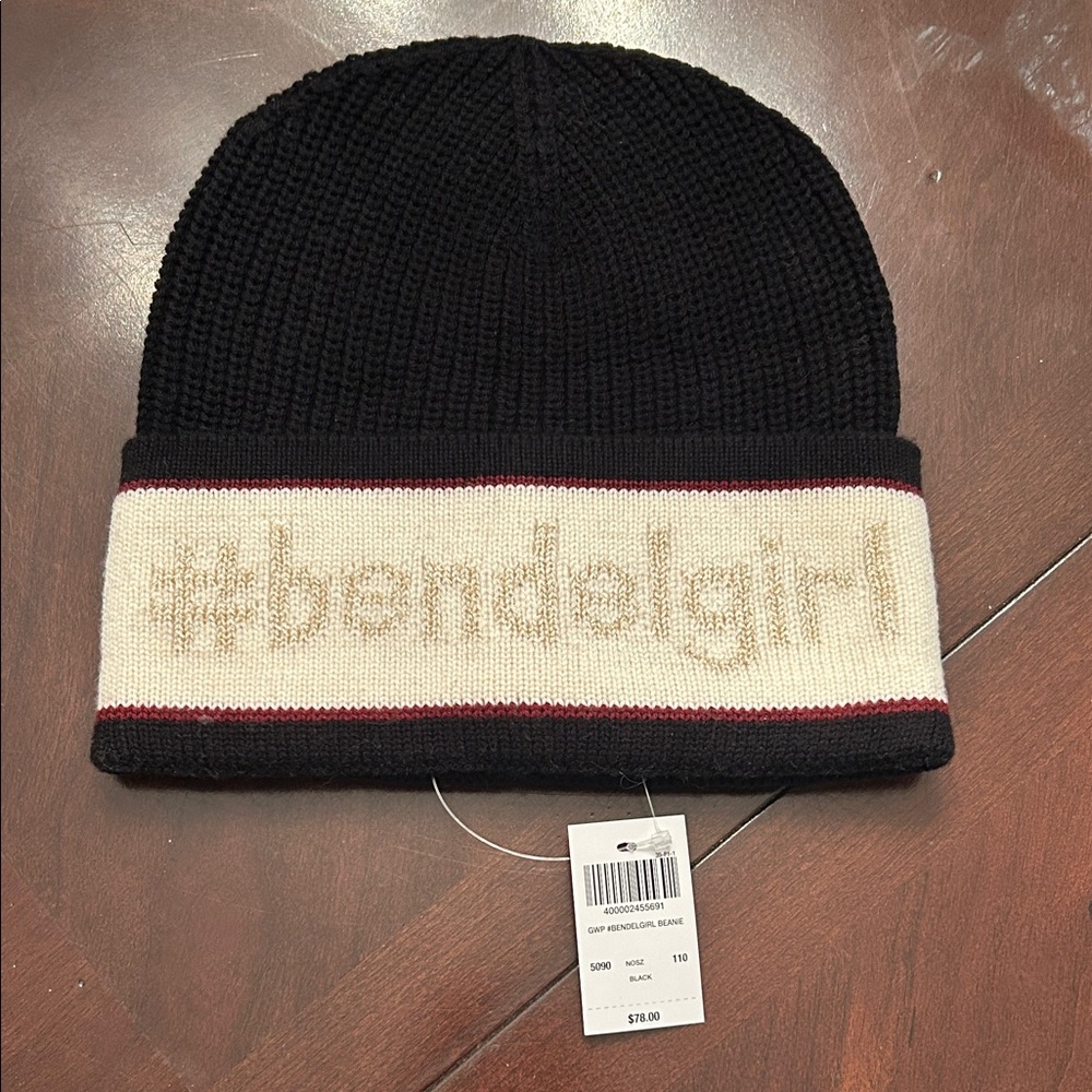 henri bendel Black Knit Beanie with Cream #bendelgirl Cuff and Burgundy Trim